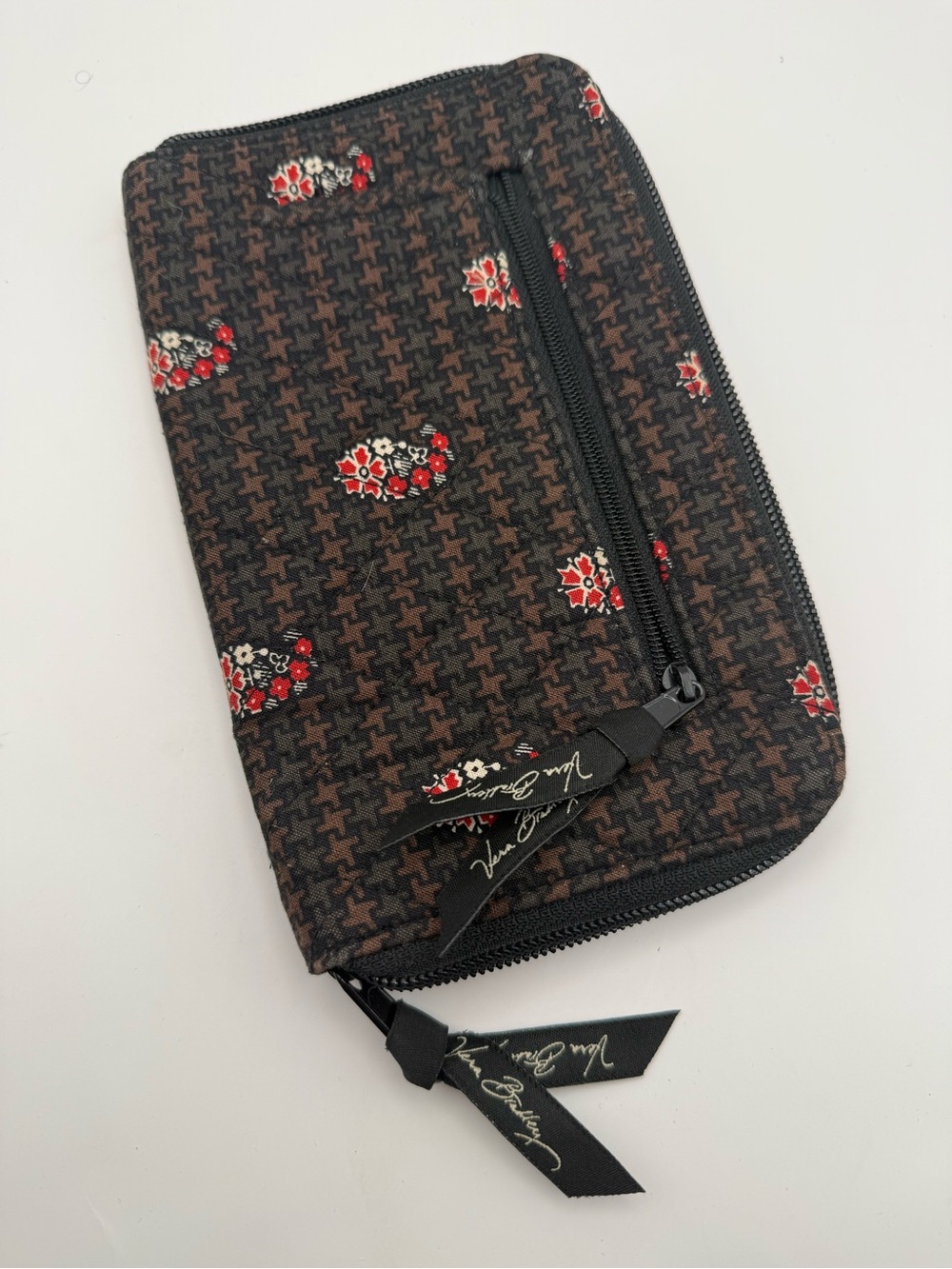Vera Bradley Brown Floral Houndstooth Zip Wallet with Red Accents